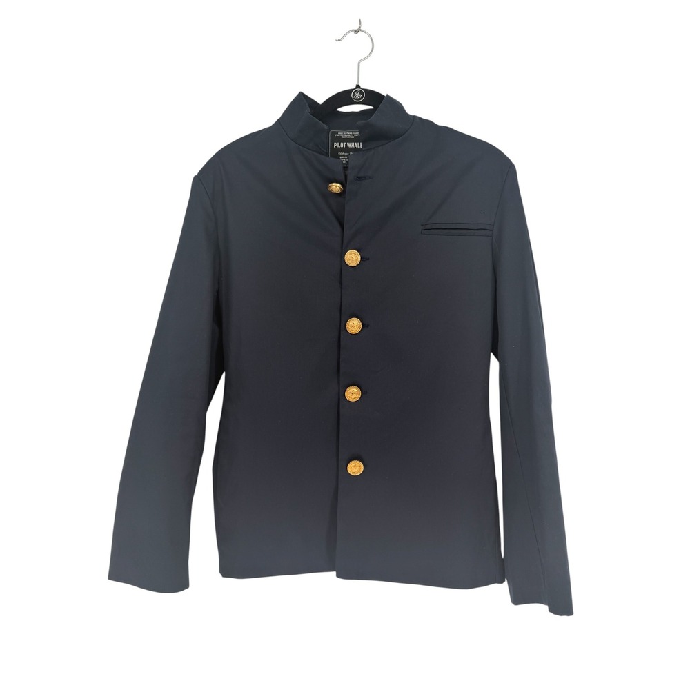 Pilot Whale Navy Blue Military Blazer Mandarin Collar Gold Crest Buttons Size M
